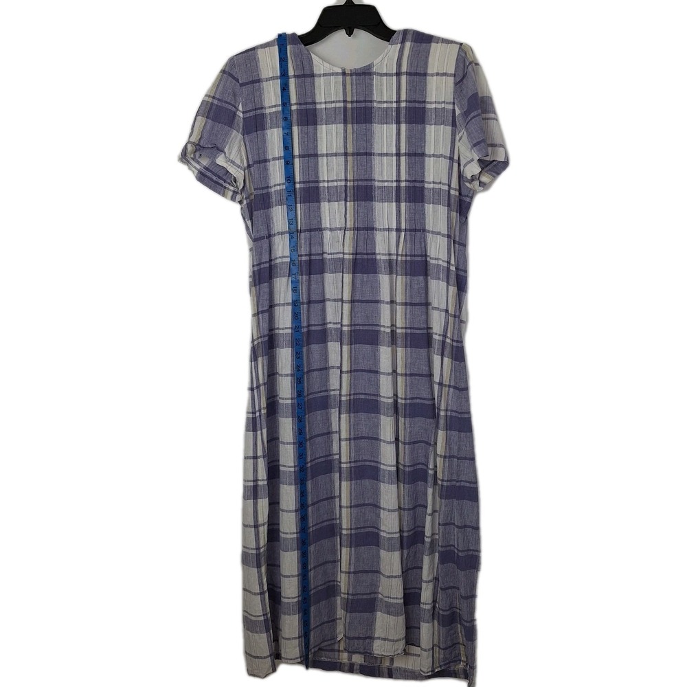 Vintage 90s Periwinkle White Plaid Linen Blend Dress 12 VTG Midi Cottagecore - Picture 10 of 16